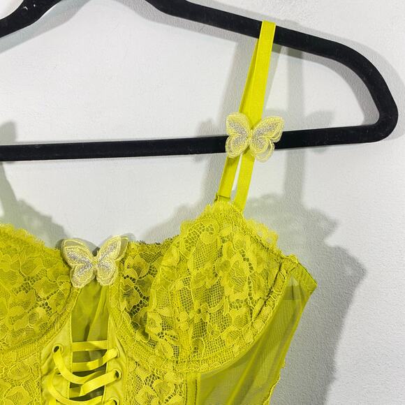 Betsey Johnson X Forever 21 Neon Green Butterflies Lace Corset Cami Top Size M - Picture 3 of 7